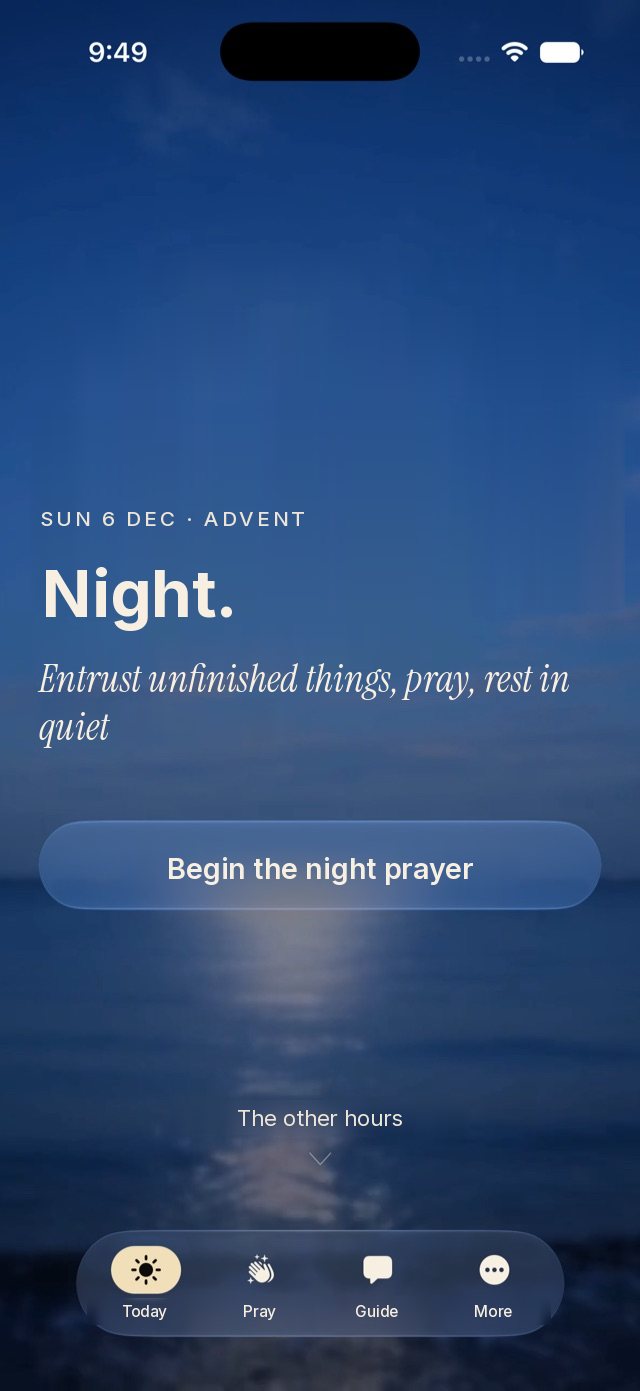 Home screen at night: Night, the time-of-day prayer and the button Begin the night prayer.